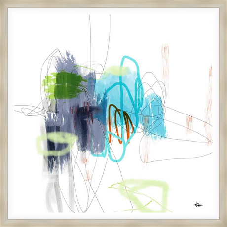 This modern abstract artwork features dynamic brushstrokes and bold color accents against a minimalist white backdrop, creating a captivating focal point for any contemporary space.