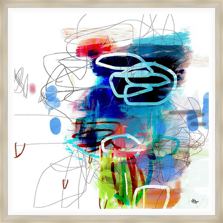 This modern abstract artwork features a dynamic composition of bold colors and energetic lines. The expressive brushstrokes and playful scribbles create a sense of movement and depth, while the vibrant palette adds a touch of contemporary flair. Perfect for adding a unique artistic statement to any space.