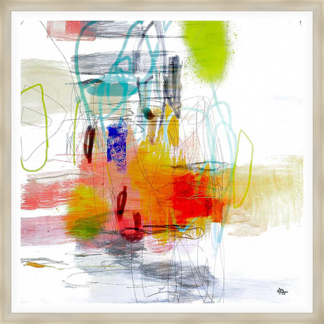 This abstract expressionist artwork bursts with vibrant colors and energetic brushstrokes, creating a dynamic composition. The piece uses layers of bold color and intricate linework to evoke movement and visual interest, perfect for adding a modern touch to any space.