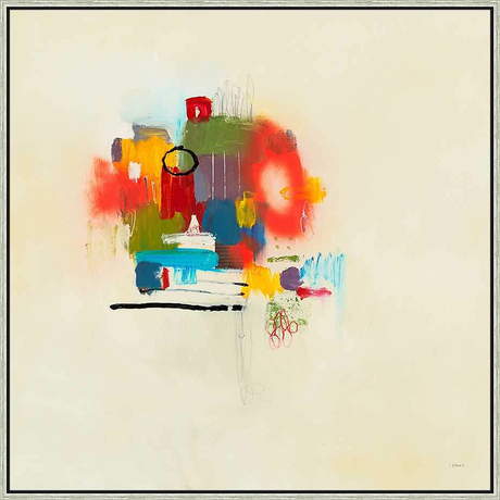 This captivating abstract painting features a vibrant interplay of colors and forms. Bold brushstrokes and layered hues create a dynamic and energetic composition, while a contrasting background provides balance.