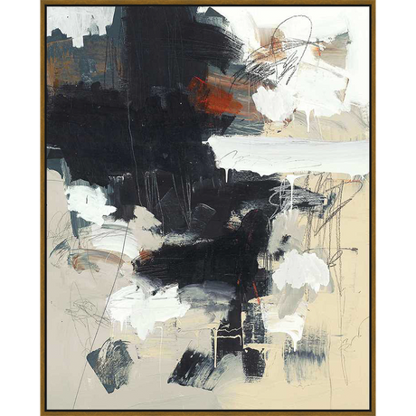 An evocative abstract painting with bold brushstrokes and contrasting colors. This artwork employs a dynamic interplay of black and white, complemented by subtle hues, creating a modern and engaging composition.