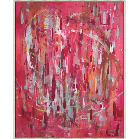 This original abstract painting features a vibrant, energetic composition of flowing strokes and layered textures. The artwork showcases a dynamic interplay of colors, creating depth and movement. A striking piece to add a touch of modern elegance to any space.