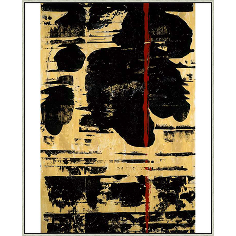Bold black shapes, a vertical red streak, and textured, beige strokes create a powerful abstract composition. This original artwork will add an intriguing focal point to any room.