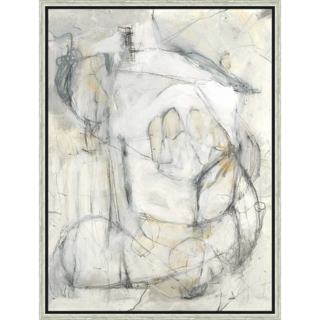 This artwork features an abstract composition created with layered textures and gestural charcoal lines on a muted, neutral background. The piece evokes a sense of depth and movement with its interplay of light and shadow, offering a contemporary aesthetic.