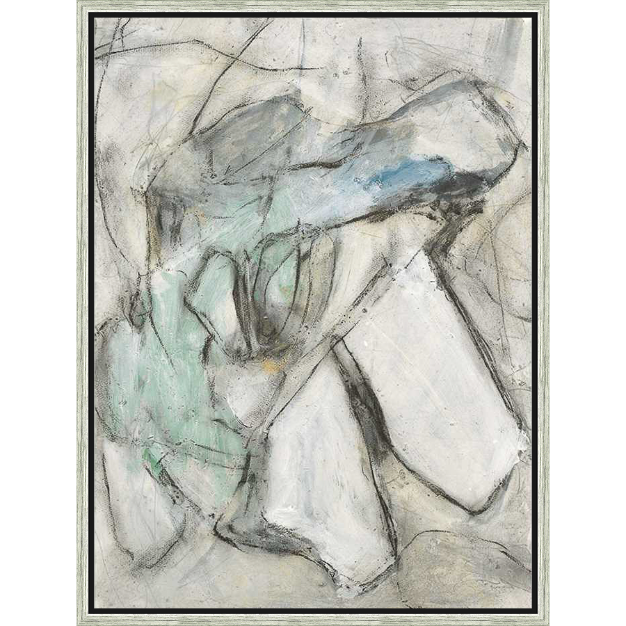 A modern abstract painting featuring layered brushstrokes and gestural marks. This piece utilizes a muted color palette with hints of blue and green, creating a sense of depth and movement. The artwork adds a touch of contemporary elegance to any space.