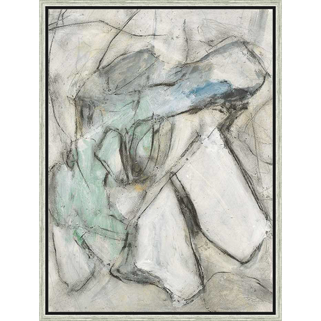 A modern abstract painting featuring layered brushstrokes and gestural marks. This piece utilizes a muted color palette with hints of blue and green, creating a sense of depth and movement. The artwork adds a touch of contemporary elegance to any space.