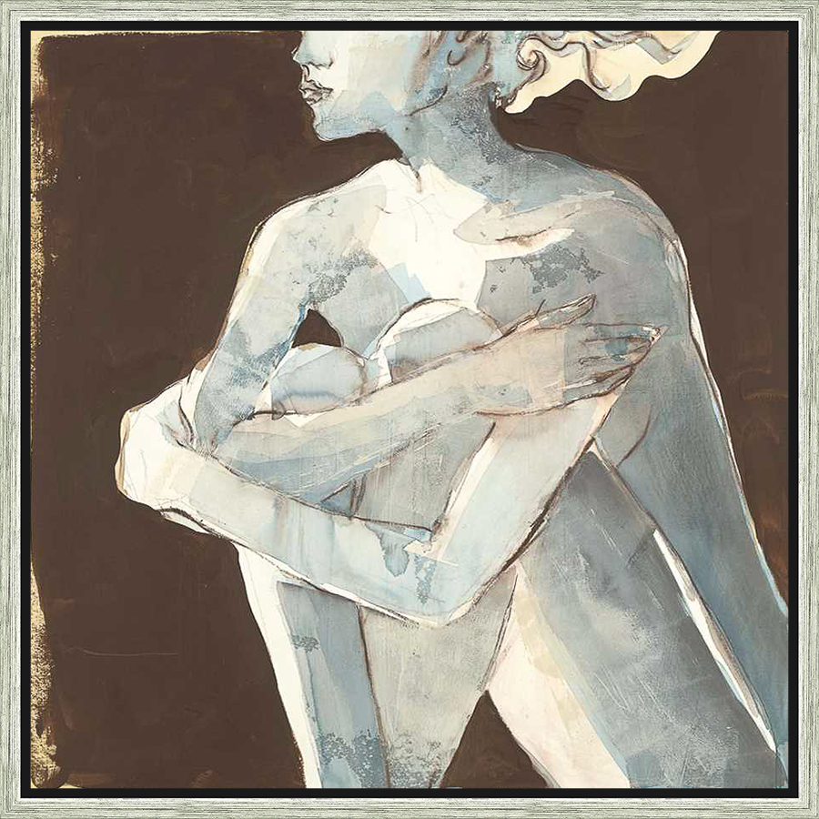 A modern abstract painting depicts a figure in a pensive pose, evoking a sense of tranquility and introspection. The figure is rendered with a minimalist approach, using broad strokes and subtle color variations to convey depth and emotion.