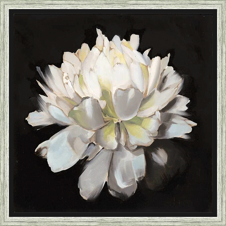 This elegant artwork showcases a large, white peony blossom painted with a modern impressionistic style. The flower's soft petals are contrasted against a dark background, creating a focal point that brings a sense of tranquility and sophistication to any space.
