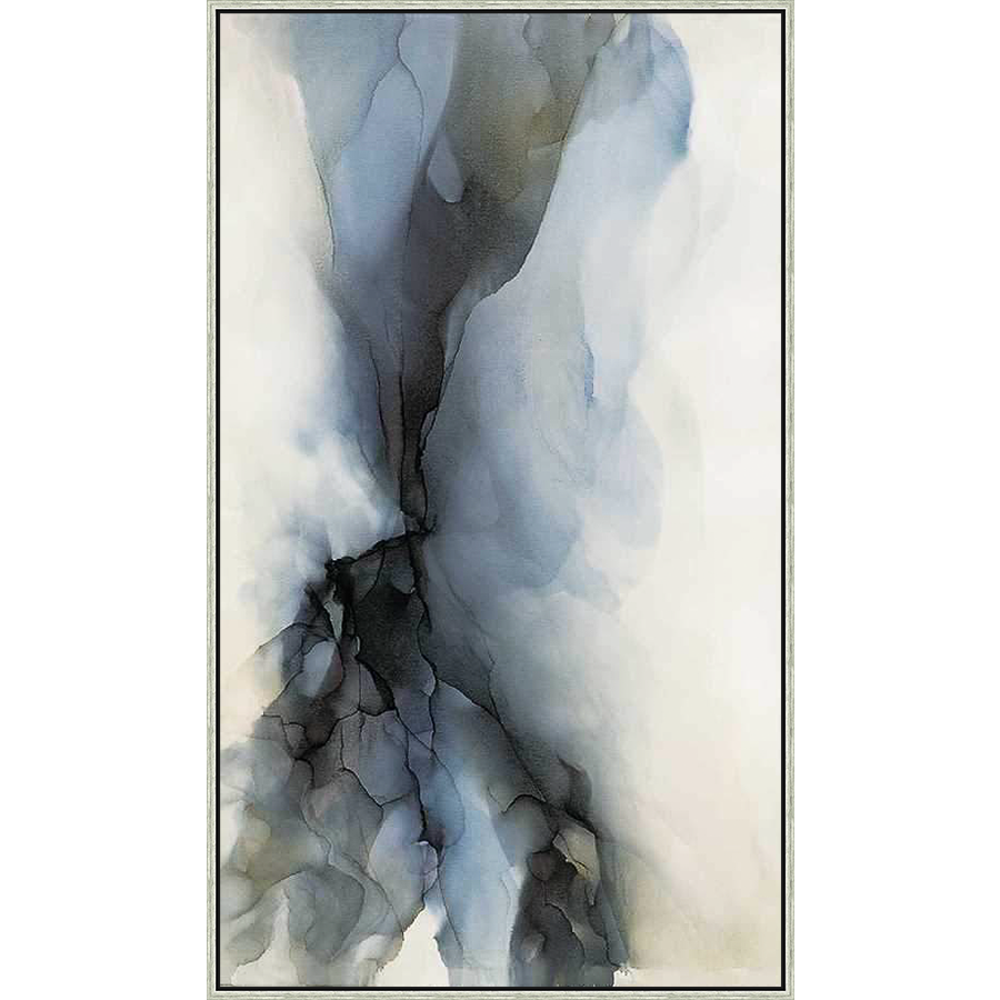 This abstract artwork features a blend of flowing blue, gray, and white hues, creating a sense of depth and movement. The fluid ink-like technique evokes a feeling of ethereal beauty and serene contemplation.