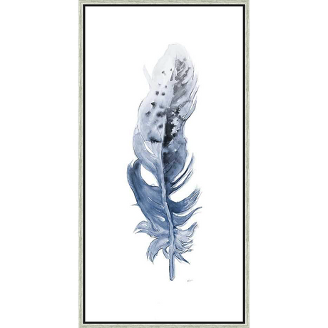 An elegant watercolor feather artwork features a serene blend of blues and grays, offering a touch of nature-inspired tranquility. It's perfect for adding a touch of minimalist charm to any space.