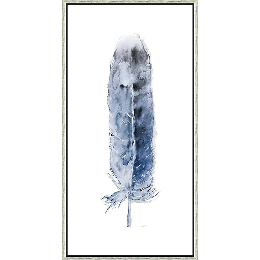 A stunning watercolor print showcases a detailed feather in shades of blue, grey, and black. The artwork conveys a sense of lightness and serenity, making it an ideal addition to any space seeking a touch of natural elegance.