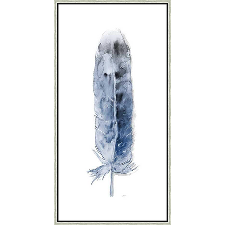 A stunning watercolor print showcases a detailed feather in shades of blue, grey, and black. The artwork conveys a sense of lightness and serenity, making it an ideal addition to any space seeking a touch of natural elegance.