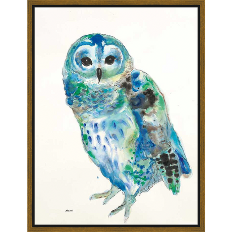 This watercolor painting features a stylized owl in shades of blue and green, with touches of black and brown. The artwork captures the essence of nature with its fluid brushstrokes and serene expression of the subject. A perfect accent for any room.