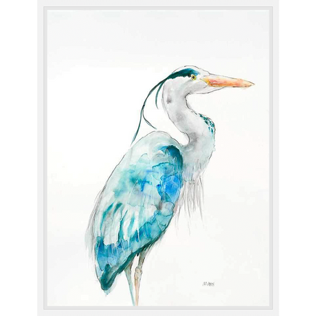 A watercolor painting of a heron in shades of blue and grey, this artwork captures the elegance and serenity of nature. The bird is gracefully posed against a white background, creating a soothing aesthetic perfect for any space.