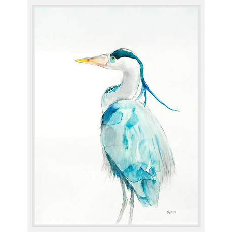 A stunning watercolor portrayal of a Heron. The artist has captured the bird's elegant posture and captivating plumage, making it a perfect addition to any home. The Heron is captured with soft washes and striking color contrasts.