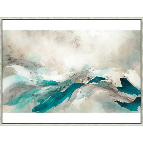 Evoking the serenity of nature, this abstract artwork features flowing lines and dynamic color gradients. The piece blends soft hues with striking teal accents, creating a captivating visual experience.