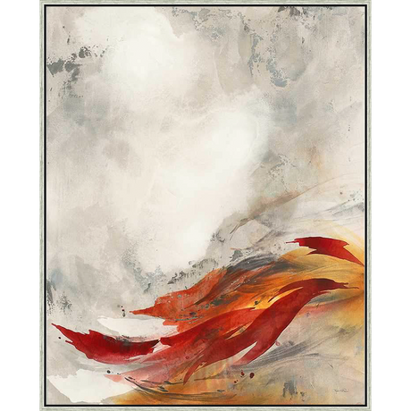 This abstract artwork features bold brushstrokes of fiery red and orange cascading across a neutral background, creating a dramatic visual statement. The piece evokes a sense of energy and movement, with a hint of mystique.