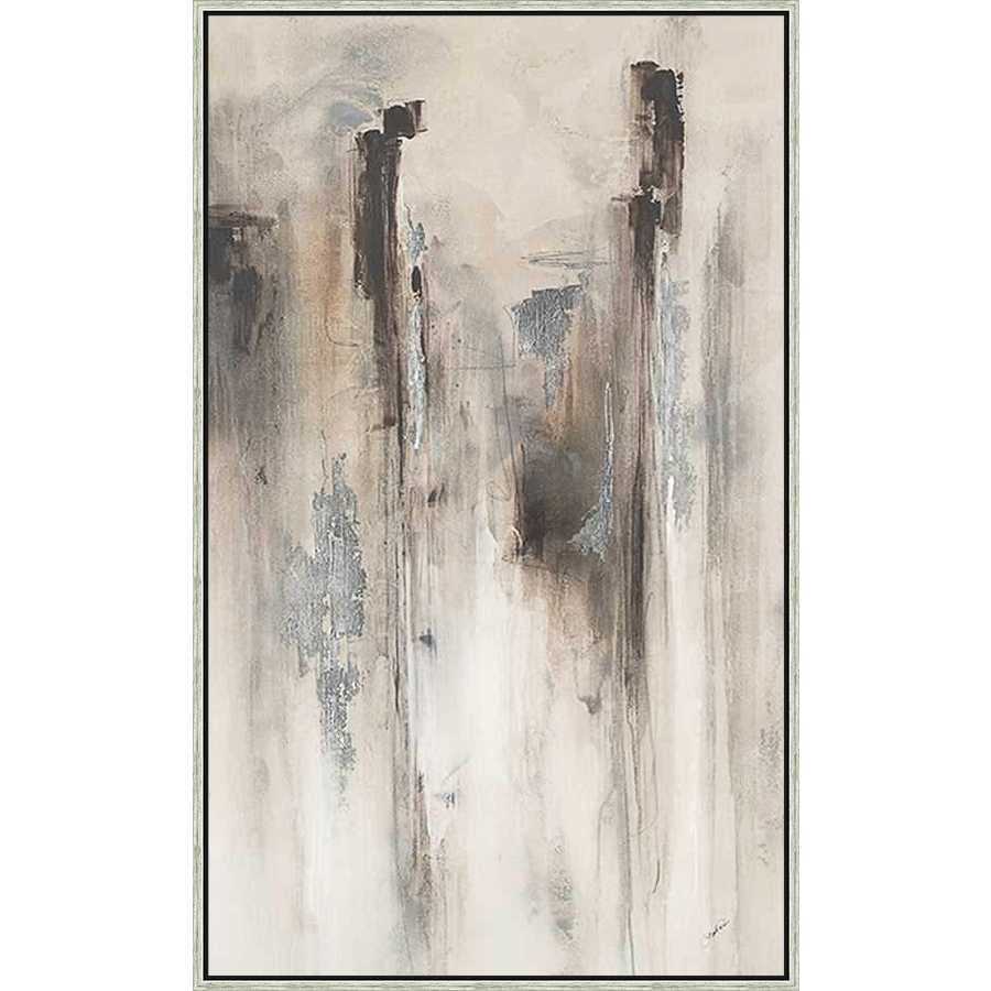 This captivating abstract artwork features a dynamic composition of vertical brushstrokes in muted tones, evoking a sense of depth and subtle movement. The piece's neutral palette makes it versatile for various interior styles, offering a touch of modern elegance.