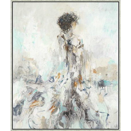 This stunning artwork captures a figure in a moment of quiet contemplation, rendered in soft, flowing brushstrokes that create an ethereal atmosphere. The piece evokes a sense of movement and grace, inviting the viewer to find their own story within its delicate details.