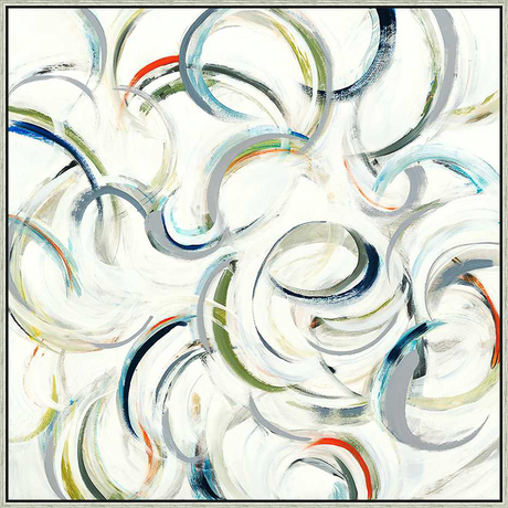 This abstract painting features dynamic brushstrokes creating a sense of movement. The artwork employs a palette of neutral tones complemented by subtle pops of color. It is a contemporary piece perfect for adding a touch of modern elegance to any space.
