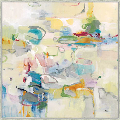 This abstract artwork features soft, layered shapes and organic forms in a muted palette. The piece evokes a sense of calm and fluidity, inviting viewers to explore its subtle textures and colors.