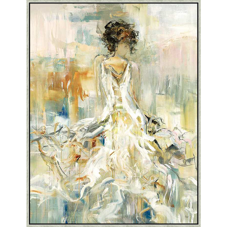 A captivating abstract painting of a woman in a flowing white dress. The artwork's soft color palette and expressive brushstrokes create a sense of movement and grace. This piece is sure to enhance any space with its elegant and artistic charm.
