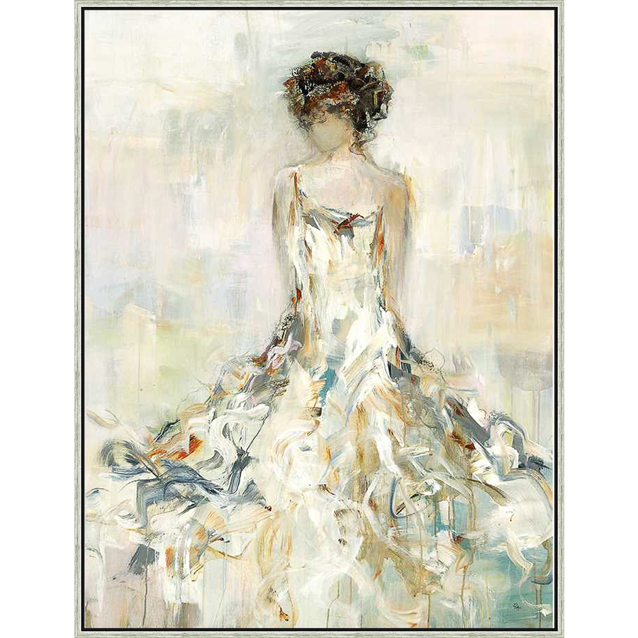 A stunning abstract artwork depicts a graceful woman in a flowing gown, rendered with expressive brushstrokes and a soft, ethereal palette. This piece captures the elegance and movement of the figure.