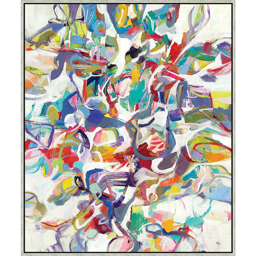 An explosion of colors and shapes dance across this abstract artwork, creating a dynamic and energetic visual experience. The painting features a bright, playful palette, perfect for adding a bold statement to any room.