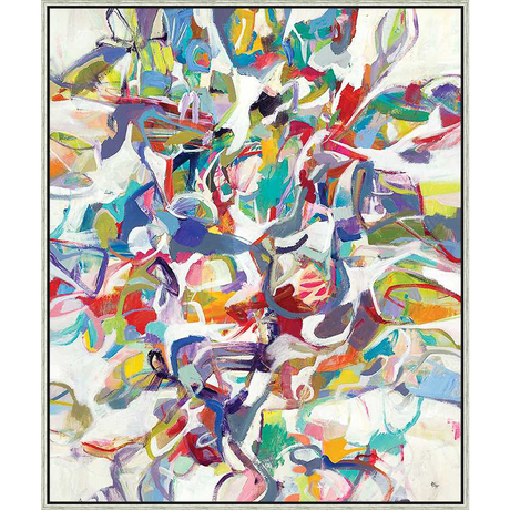 An explosion of colors and shapes dance across this abstract artwork, creating a dynamic and energetic visual experience. The painting features a bright, playful palette, perfect for adding a bold statement to any room.