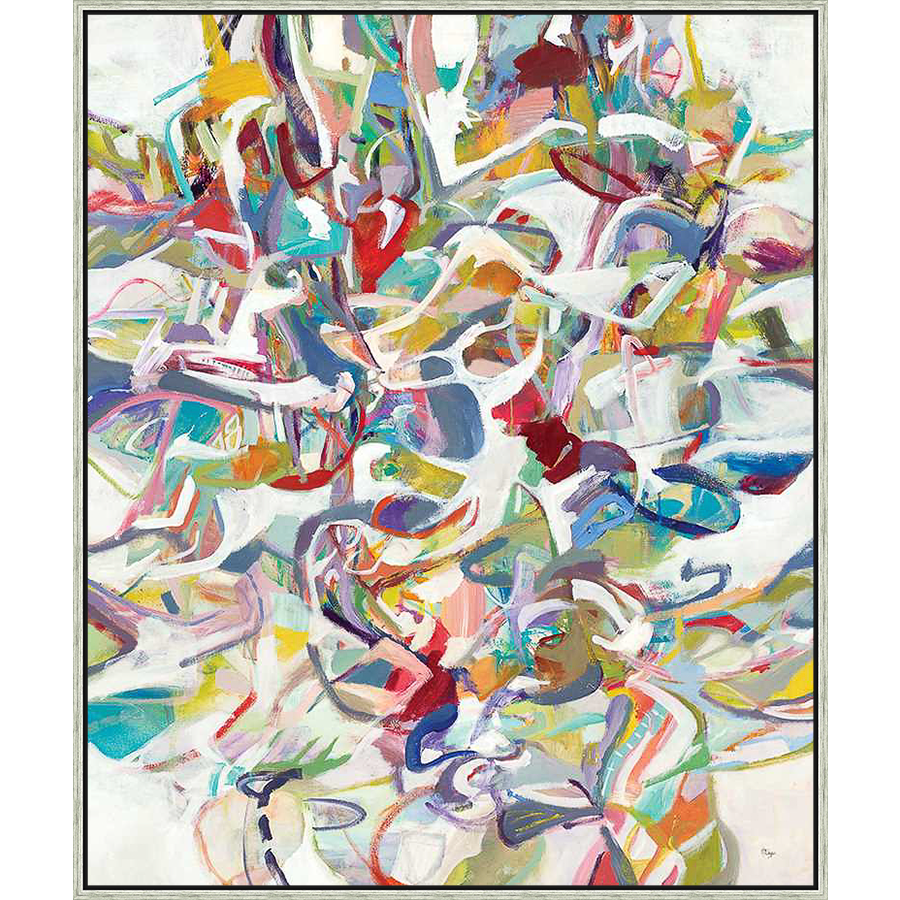 This vibrant abstract artwork bursts with energy, featuring a complex interplay of shapes, colors, and textures. The piece drAVs the viewer's eye into a dynamic composition, inviting exploration and interpretation.