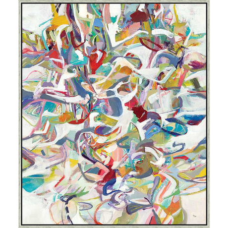 This vibrant abstract artwork bursts with energy, featuring a complex interplay of shapes, colors, and textures. The piece drAVs the viewer's eye into a dynamic composition, inviting exploration and interpretation.