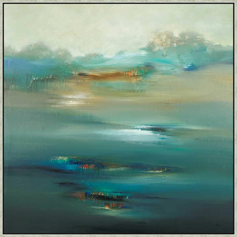 An evocative abstract landscape painting, this artwork blends ethereal layers of color and texture to create a serene and dreamlike atmosphere. The composition suggests a tranquil body of water reflecting the sky and distant foliage.
