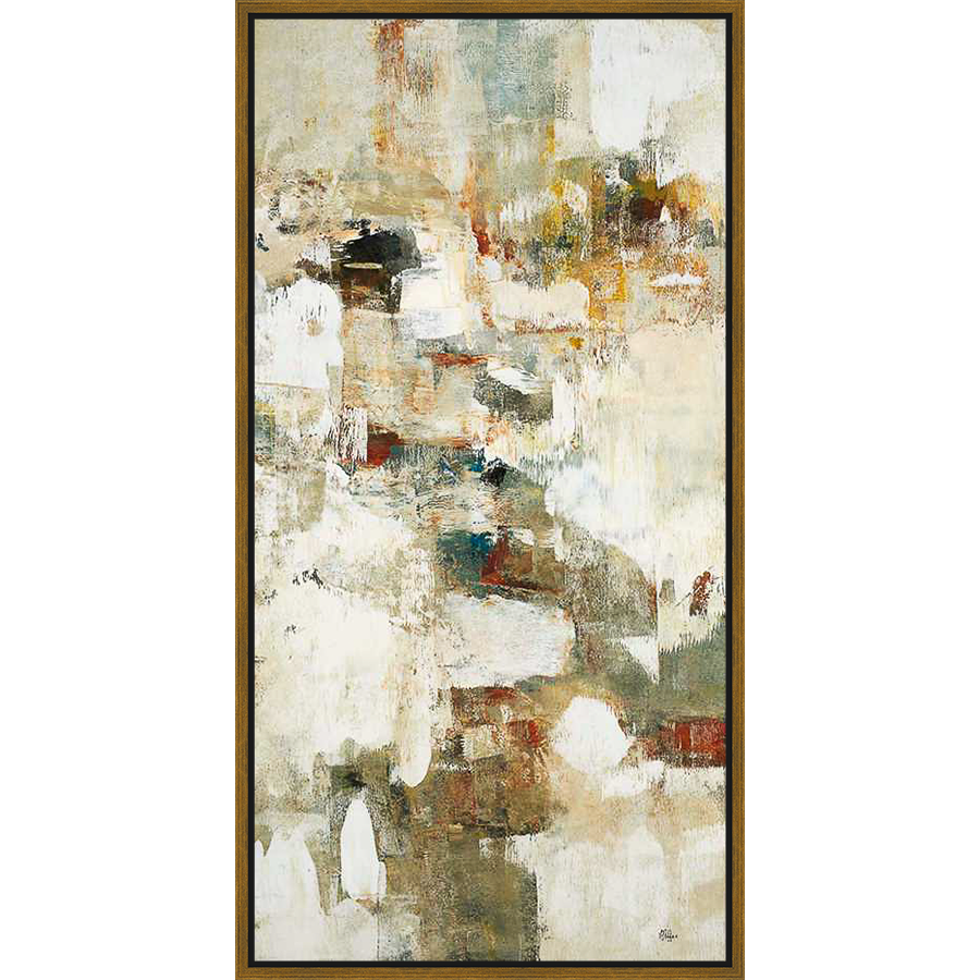 An abstract composition with a layered, textured appearance is presented on canvas. Featuring a muted color palette with highlights, this artwork evokes a sense of depth and dynamic movement.