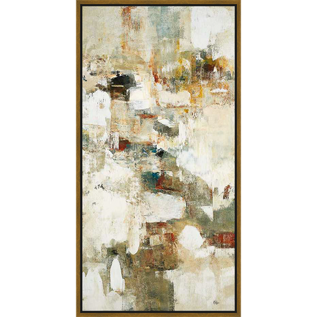 An abstract composition with a layered, textured appearance is presented on canvas. Featuring a muted color palette with highlights, this artwork evokes a sense of depth and dynamic movement.