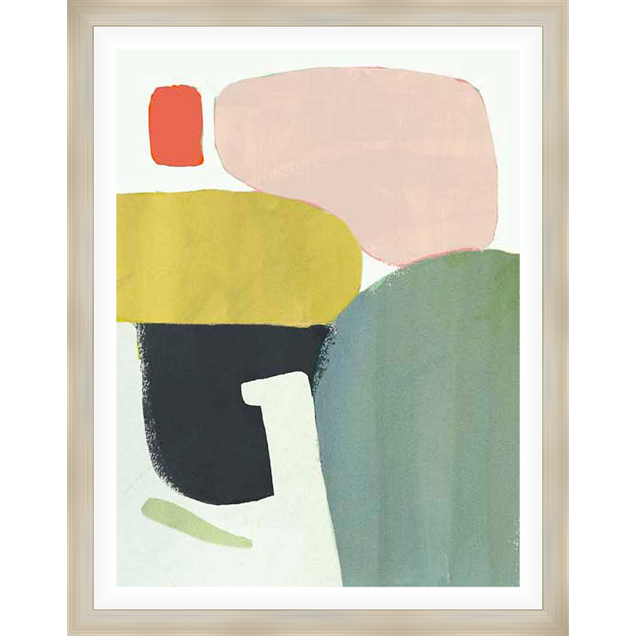 This abstract artwork features a dynamic composition of layered organic shapes in a vibrant color palette. The textured brushstrokes and playful arrangement create a visually engaging piece perfect for adding a modern touch to any space.