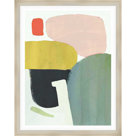 This abstract artwork features a dynamic composition of layered organic shapes in a vibrant color palette. The textured brushstrokes and playful arrangement create a visually engaging piece perfect for adding a modern touch to any space.