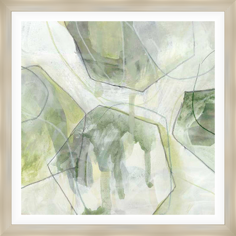 This abstract artwork features layered geometric shapes and organic brushstrokes, creating a modern and calming aesthetic. The composition incorporates a muted color palette with subtle shading and delicate line work.