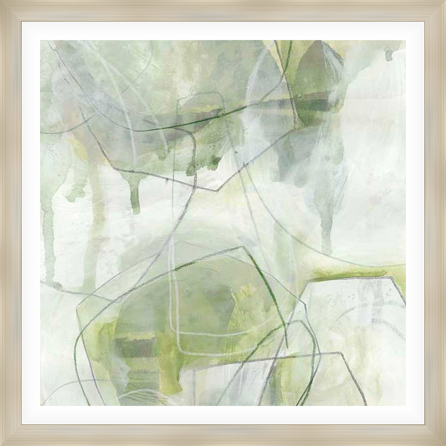 This abstract art piece features soft, watercolor-like washes of green and white, layered with delicate linear details that create a sense of depth and movement. The artwork evokes a sense of calm and tranquility, perfect for adding a touch of modern elegance to any space.
