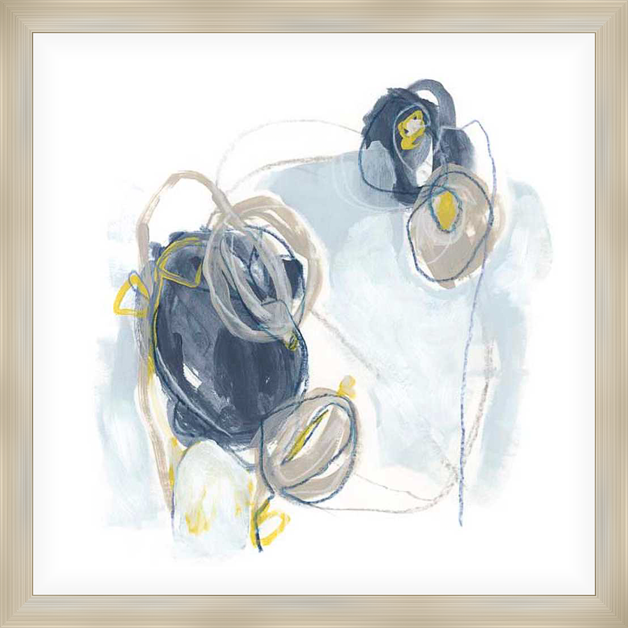 This abstract artwork features fluid shapes and delicate lines, creating a sense of movement and depth. The piece utilizes a soft color palette to evoke a serene and contemplative atmosphere.