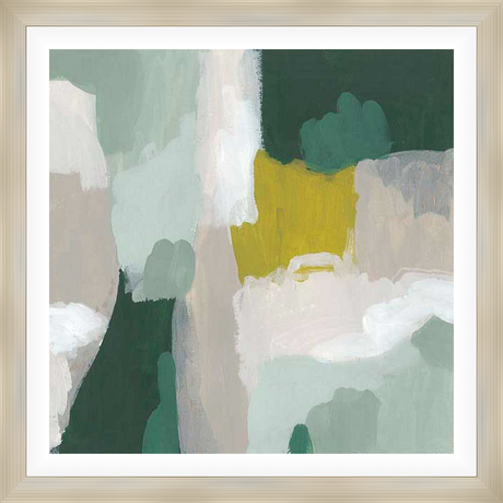 This artwork is an abstract expression of color and texture, featuring layered brushstrokes of greens, yellows, and neutrals. The composition evokes a sense of movement and depth, bringing a touch of modern art to any space.