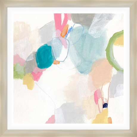 This abstract artwork features a blend of vibrant colors and playful shapes, creating a sense of movement and energy. The piece uses a variety of brushstrokes and textures to evoke an emotional response.