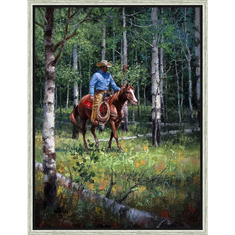 A captivating depiction of a cowboy on horseback, navigating a serene forest scene. This artwork captures the essence of the American West, with a focus on the rider and his horse amidst lush greenery and towering trees.