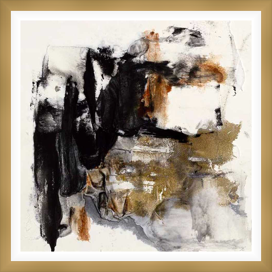 This abstract artwork features dynamic brushstrokes of black, white, and earthy tones, creating a captivating blend of texture and depth. The piece evokes a sense of movement and visual intrigue, suitable for contemporary interiors.