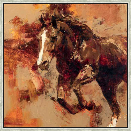 An expressive painting captures the dynamic energy of a running horse, rendered with loose brushstrokes and a rich palette of warm colors. This artwork evokes a sense of freedom and movement, perfect for adding a touch of rustic elegance to any space.