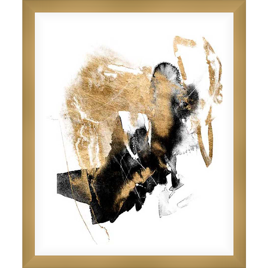 This abstract artwork features a dramatic interplay of gold, black, and white. The piece showcases bold textures and expressive brushstrokes that create depth and visual interest. Perfect for adding a touch of modern elegance to any space.