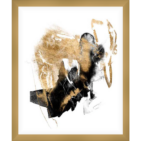 This abstract artwork features a dramatic interplay of gold, black, and white. The piece showcases bold textures and expressive brushstrokes that create depth and visual interest. Perfect for adding a touch of modern elegance to any space.