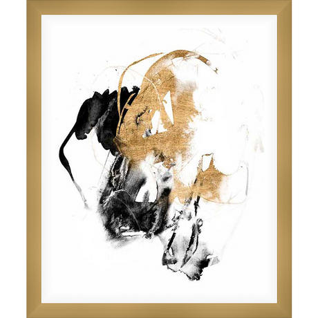 An abstract expression of gold and black ink washes dances across a crisp white background, creating a dramatic interplay of light and shadow.