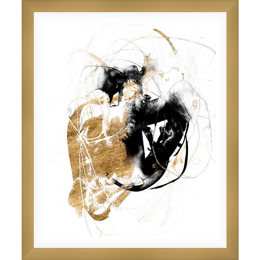 A striking abstract composition featuring dynamic strokes of gold and black ink on a white background. This modern artwork adds a touch of elegance and sophistication to any space, making it a perfect statement piece for your home or office.