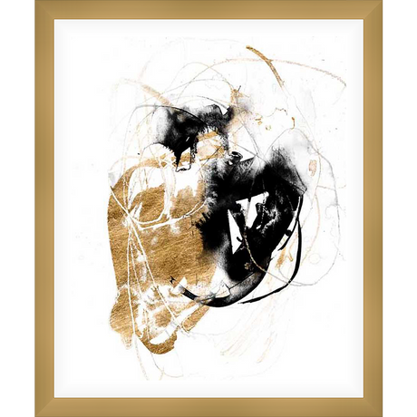 A striking abstract composition featuring dynamic strokes of gold and black ink on a white background. This modern artwork adds a touch of elegance and sophistication to any space, making it a perfect statement piece for your home or office.