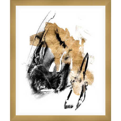 This stunning abstract art print features dynamic brushstrokes in gold and black on a crisp white background. The bold contrast and fluid composition evoke a sense of movement and artistic expression, making it a striking addition to any space.